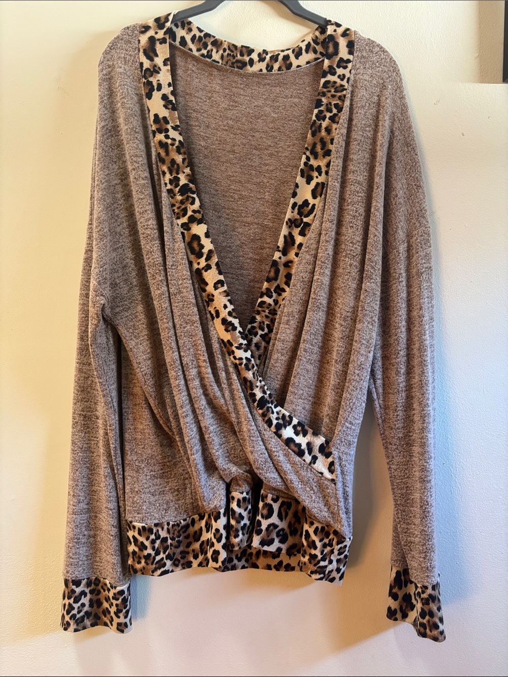 Leopard Trim Heathered Taupe Women's Wrap Sweater